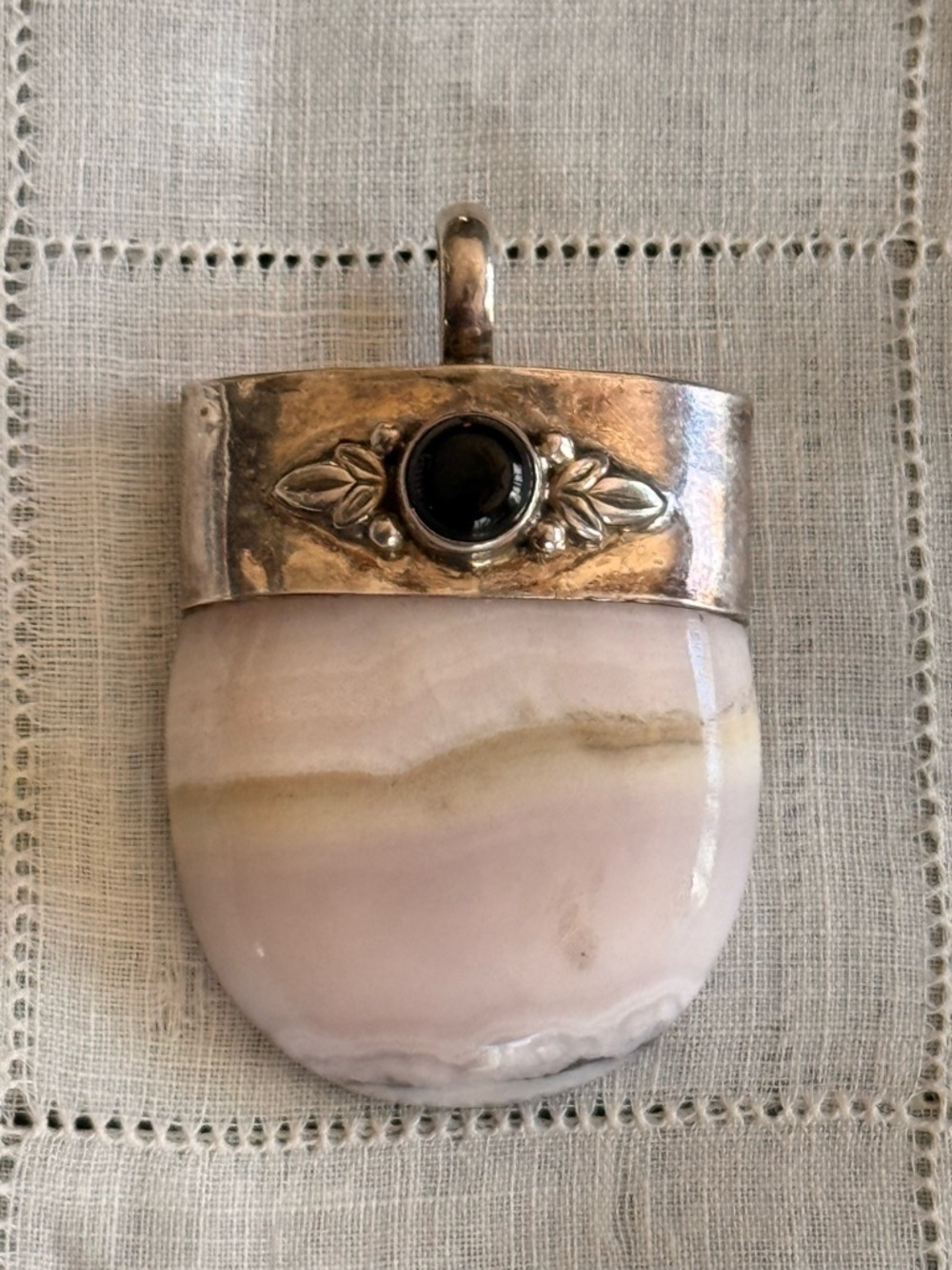 Vintage Sterling Silver Agate Pendant Banded Stone Black Onyx Accent